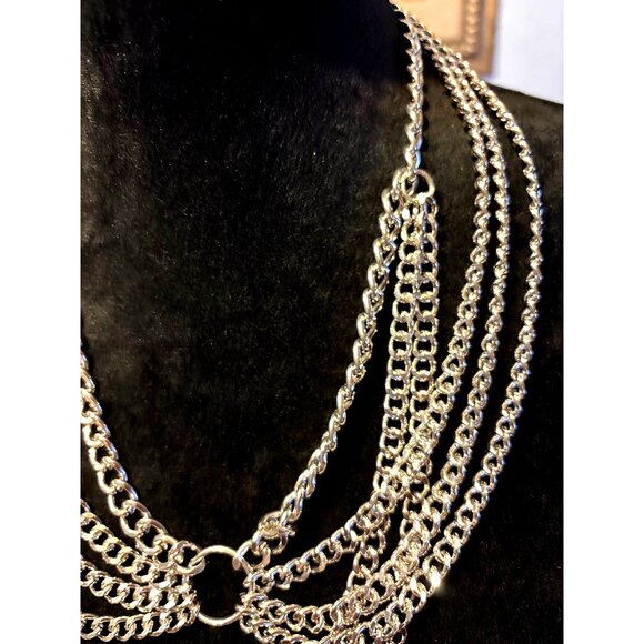 Layered Statement Back Necklace Silver Tone Chunky Curb Chain Pattern Princess - Picture 8 of 10